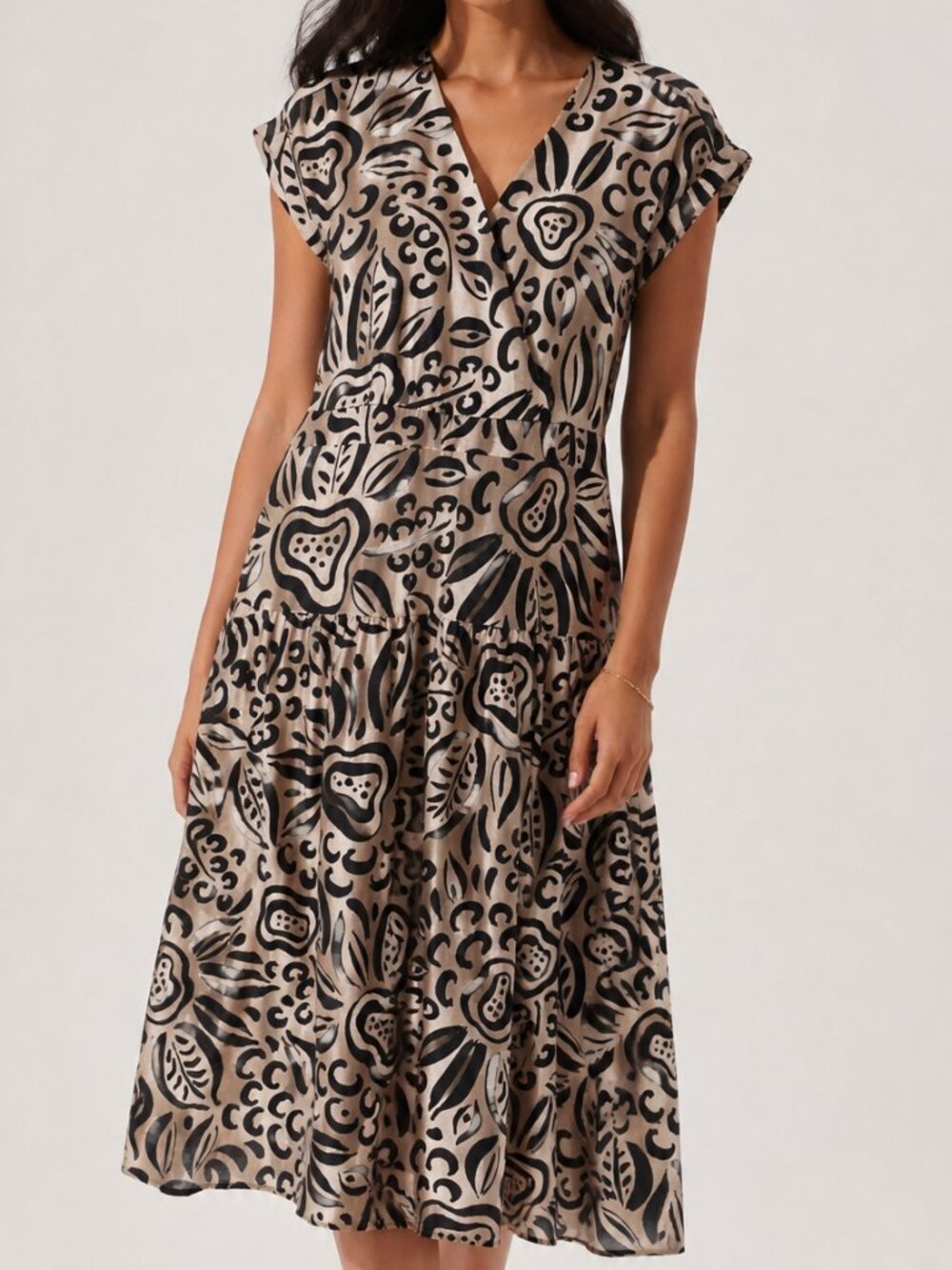 Banana Republic Linen Blend Abstract Print Dress 8 EUC Tiered Midi Faux Wrap